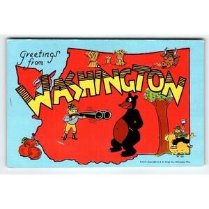 Greetings From Washington Map Postcard Hunter Brown Bear Lumberjack Linen Kropp